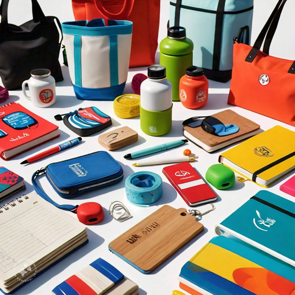 very colorful water bottles, pens, bags and other promotional products on a white surface