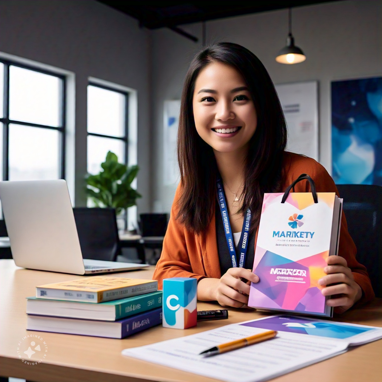 A marketing representative showing her swag at her desk