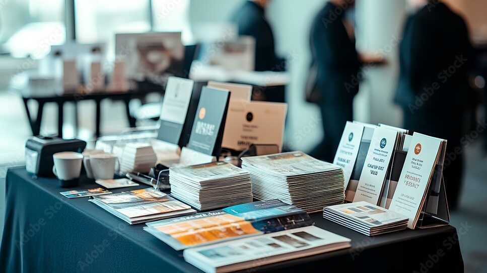 Various full color printed materials on a tabletop at a tradeshow