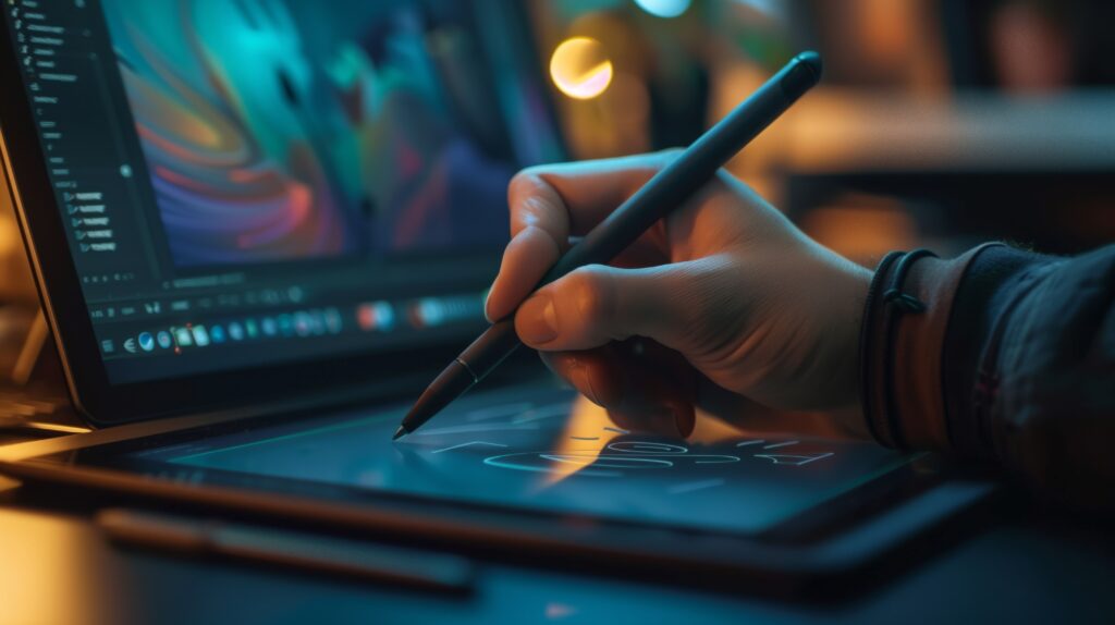 Graphic designer using a stylus on a modern laptop