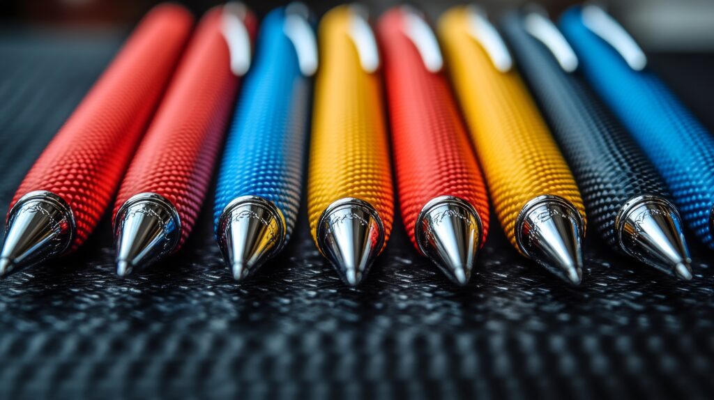Colorful ball point pens sitting on table